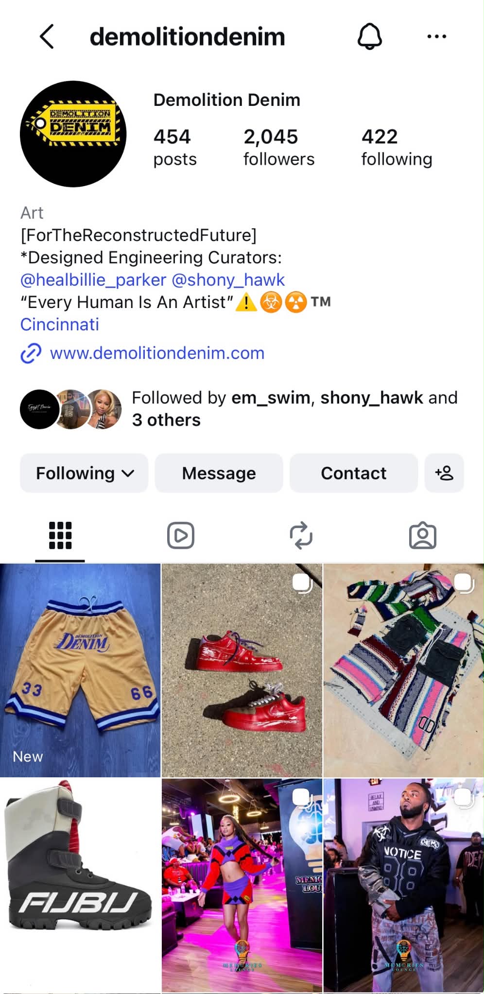 Demolition Denim Instagram profile and full campaign photo grid